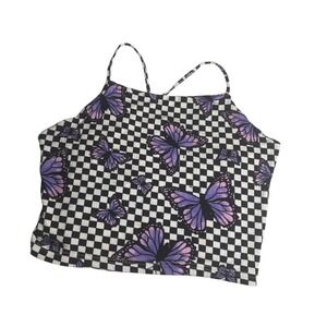 Rue21 Purple Butterfly Checkered Ribbed Crop Top Lace Up Back Cami Large